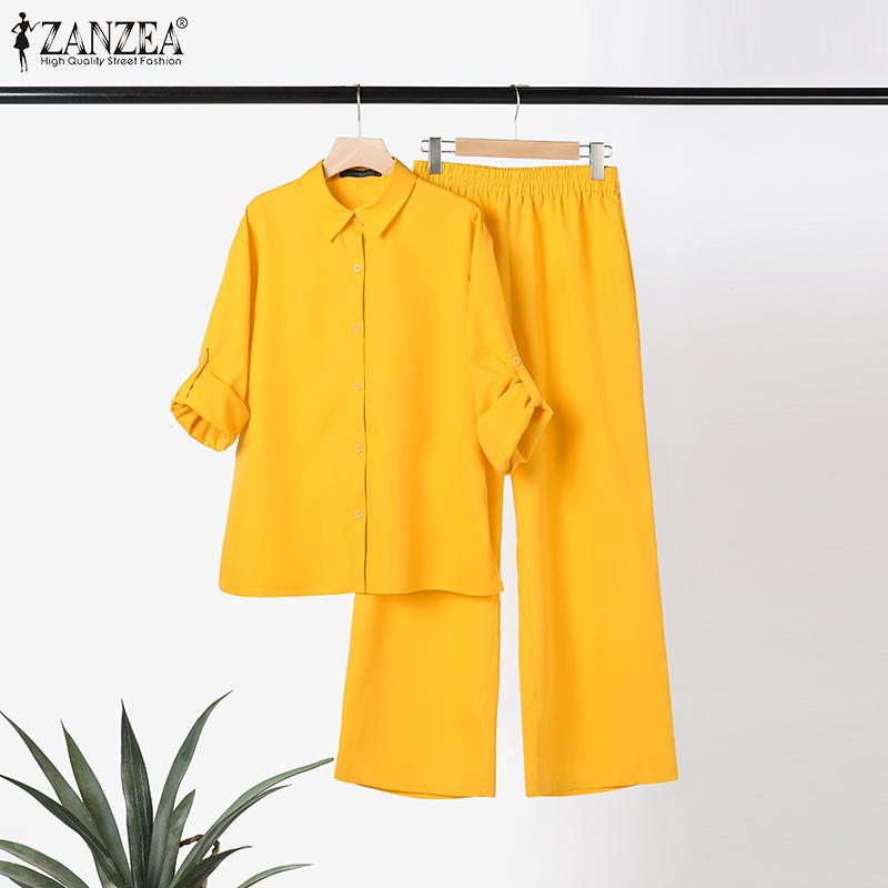 ZANZEA Комплекты из двух предметов, женские рубашки с длинными рукавами, топы и длинные брюки, широкие брюки, повседневные свободные костюмы размера плюс