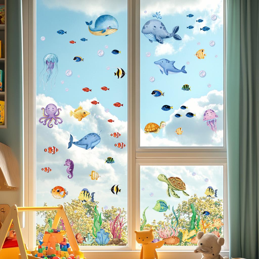 Наклейки на окна на морскую тематику, акварельные наклейки на стекло с морскими животными, наклейки на окна для вечеринки «Под водой» для домашнего офиса, украшения для вечеринки