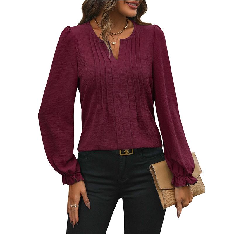 QICED Женские модные повседневные летние весенние однотонные блузки и рубашки с v-образным вырезом и длинными рукавами с принтом