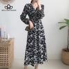 Женское осенне-весеннее синее длинное платье с v-образным вырезом и длинными рукавами с цветочным принтом, повседневное элегантное платье с принтом Florla