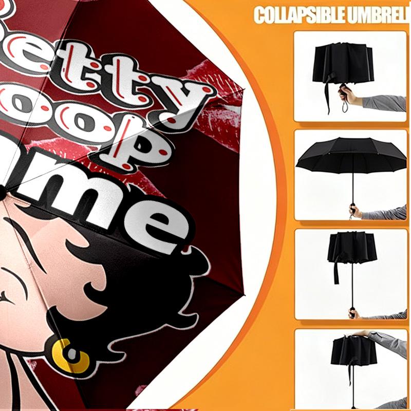 Custom Name Personalized Betty Boop Print Umbrella, Auto Open Close, 8‑Rib Sturdy Frame, Commute Camping Hiking Use, Birthday Gift