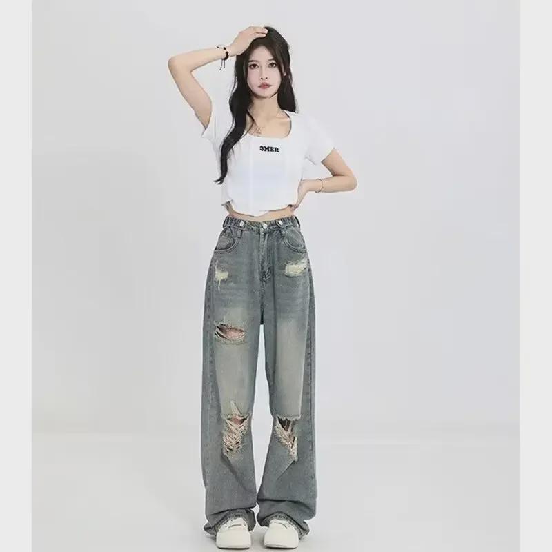 Универсальные рваные широкие джинсы для женщин - Летний тренд, прямые брюки в стиле ретро с эффектом потертости