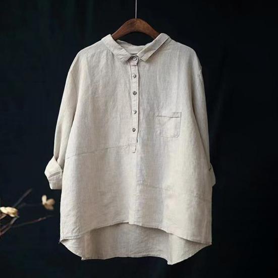 Women Shirt Turn-down Collar Long Sleeve Pullover Tops Buttons Half Placket Patch Pockets Casual Tops Solid Color Loose Fit Shirt
