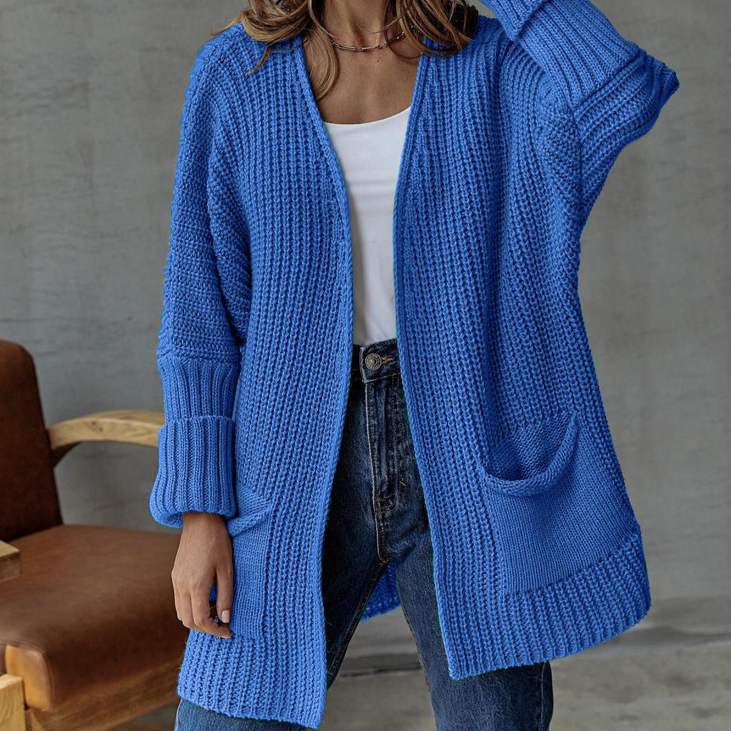 IHUASU Women's Large Size Casual Pocket Knitted Cardigan Sweater Commuter Style Loose Mid-Length Jacket