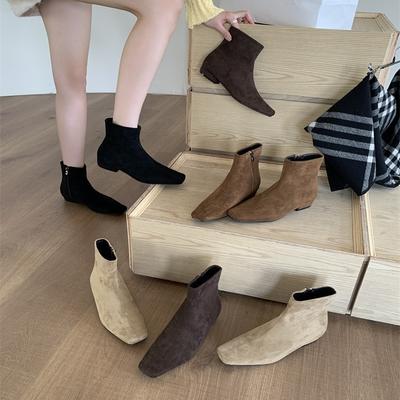Простые ботильоны на низком каблуке с квадратным носком, женские ботинки на плоской подошве, новые осенне-зимние, с юбкой, универсальные ботильоны на боковой молнии, модные ботинки