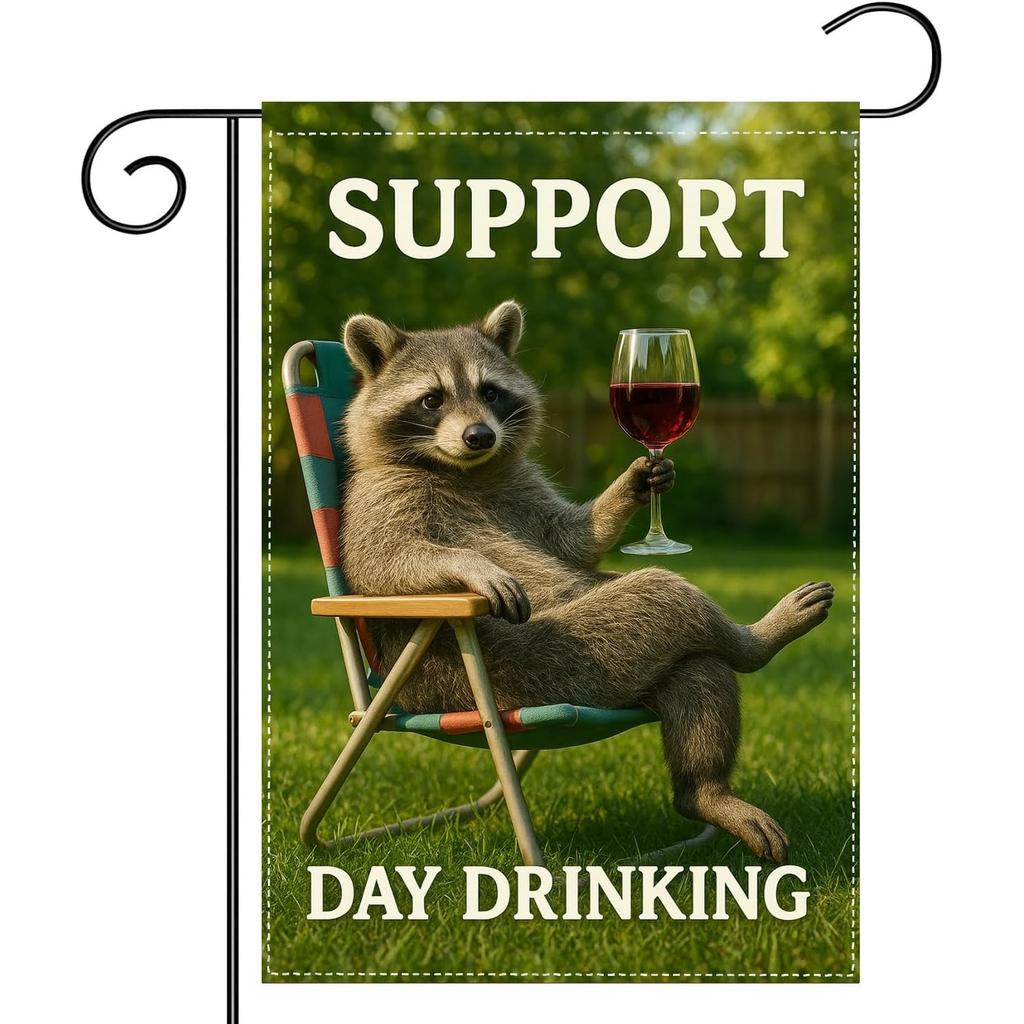 2D Door Banner Funny Raccoon Wine Garden Flag Double Sided Outdoor Banner Humorous Day Drinking Yard Decor Patio Porch Or Backyard