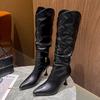 Остроконечные плиссированные высокие сапоги-бочонки для женщин на осень Модные тонкие каблуки StackedBoots Высокие каблуки ниже колена Длинные сапоги-бочонки