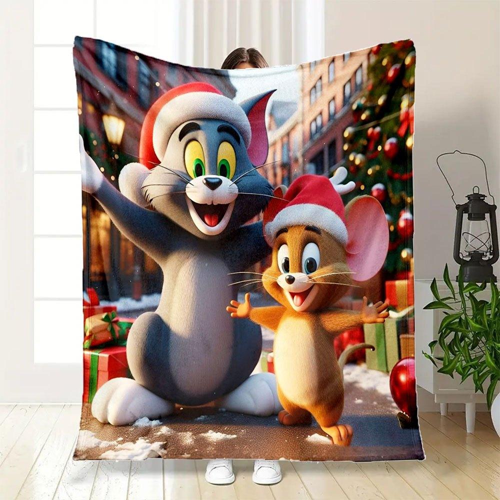 "Tom & Jerry Christmas Adventure: Festive Fun for Kids!"Blanket Flannel Throw Blanket for Sofa, Bed, Travel, Camping, Office