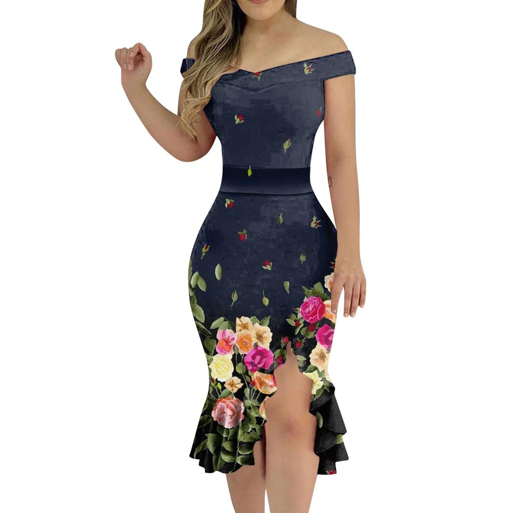 Женское сексуальное платье с открытыми плечами и принтом, плотное платье с нерегулярной нижней частью