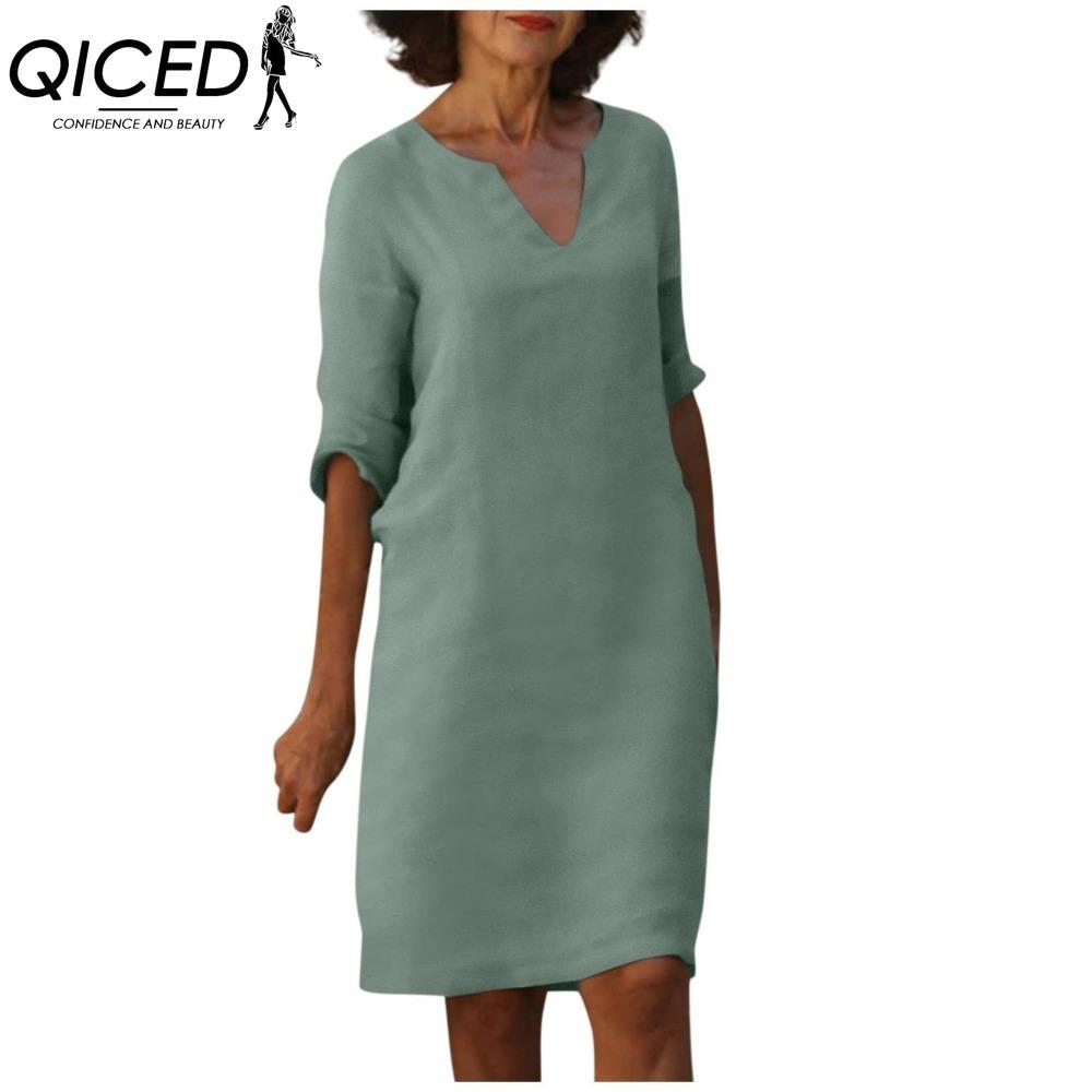 QICED Женское летнее однотонное хлопковое льняное ретро-платье с V-образным вырезом и коротким рукавом, легкое дышащее платье