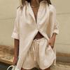 Summer Woman Suits Women's Outfits Casual Cotton Solid Color Sets Women Short Sleeve Loose Shirt Wide Leg Shorts Two Piece Set