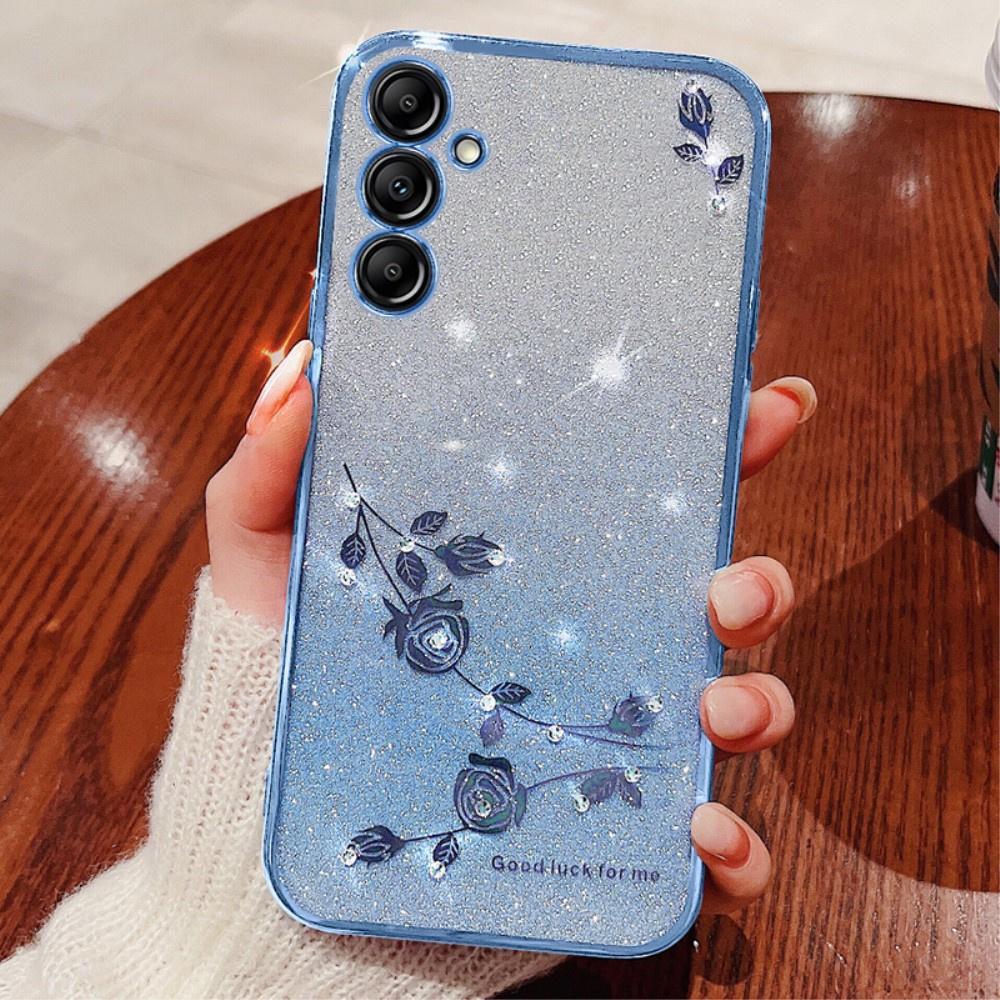 Case for Samsung Galaxy A15, Glitter Flower, blue + glass