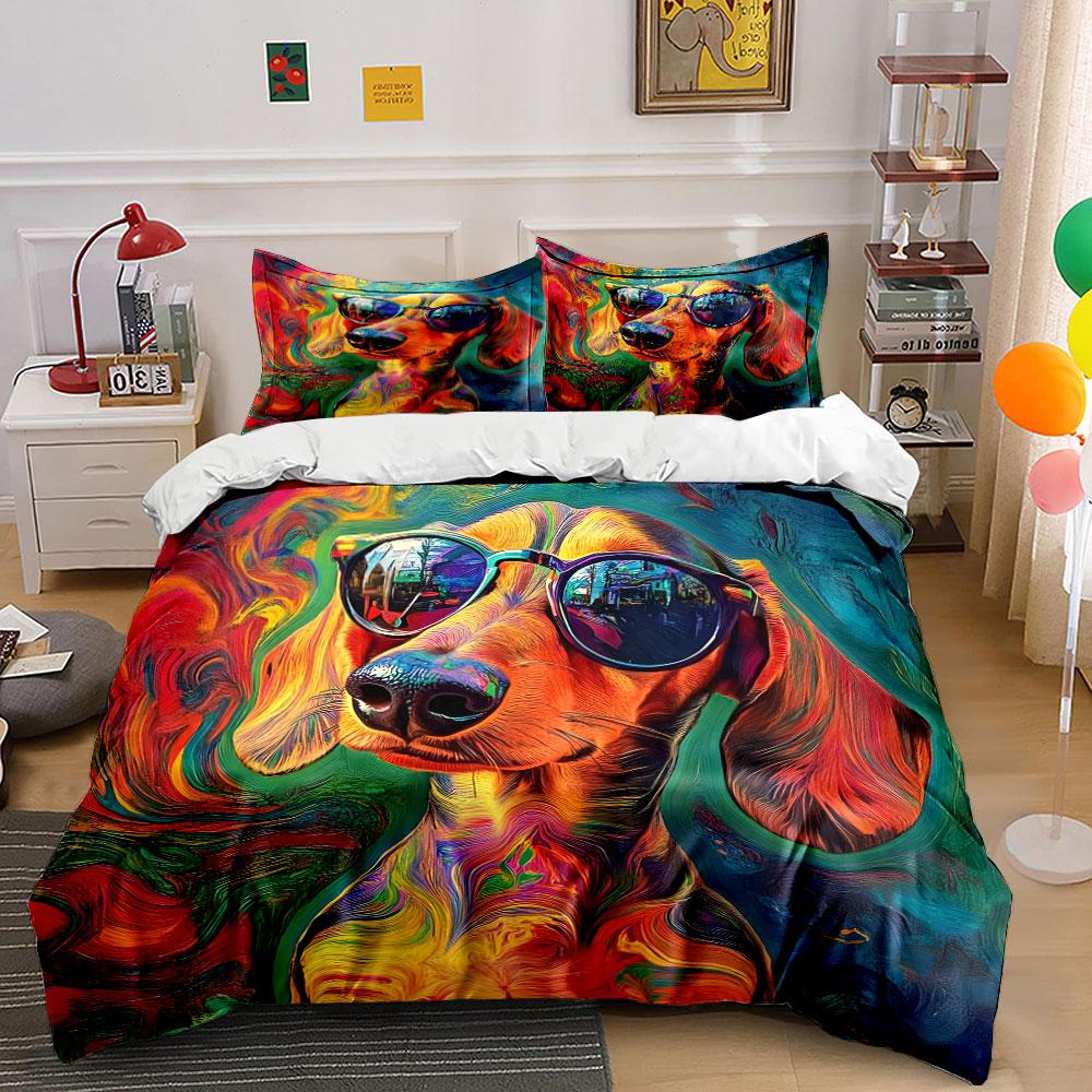 Colorful Dog Art Decor Set Bedding Set with 1 Duvet Cover 2 Pillowcases Single Double King Queen, Gift