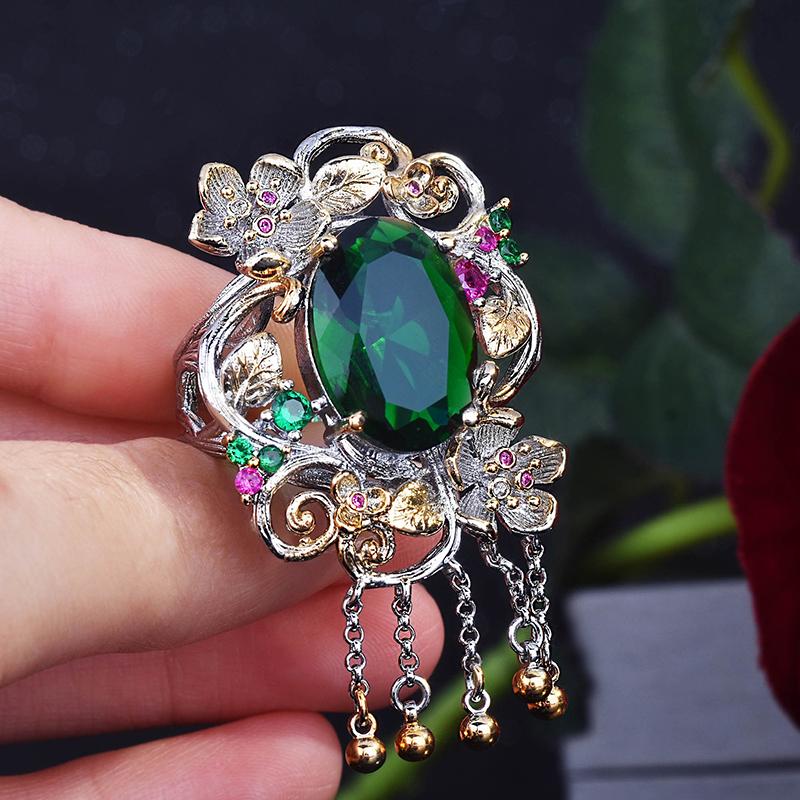 Винтажные креативные открытые кольца в тон цветка и листа для женщин, блестящие зеленые инкрустация камнями CZ, модные ювелирные изделия в стиле ретро, ​​подарок для свадебной вечеринки