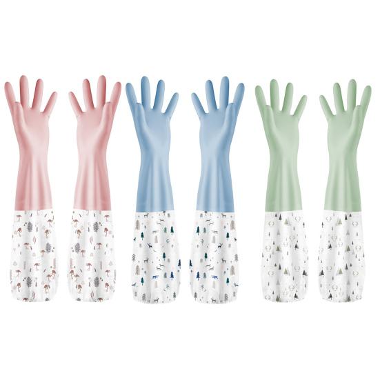 1 Pair Dishwashing Gloves Waterproof Reusable Gloves Patchwork Color Elastic Long Cuffs Household Cleaning Gloves