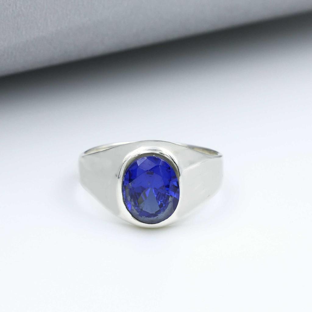 Blue Sapphire Lab Created Gemstone Ring, Mens Ring, Wedding Engagement Ring, Father Gift, Unisex Ring, 925 Sterling Silver