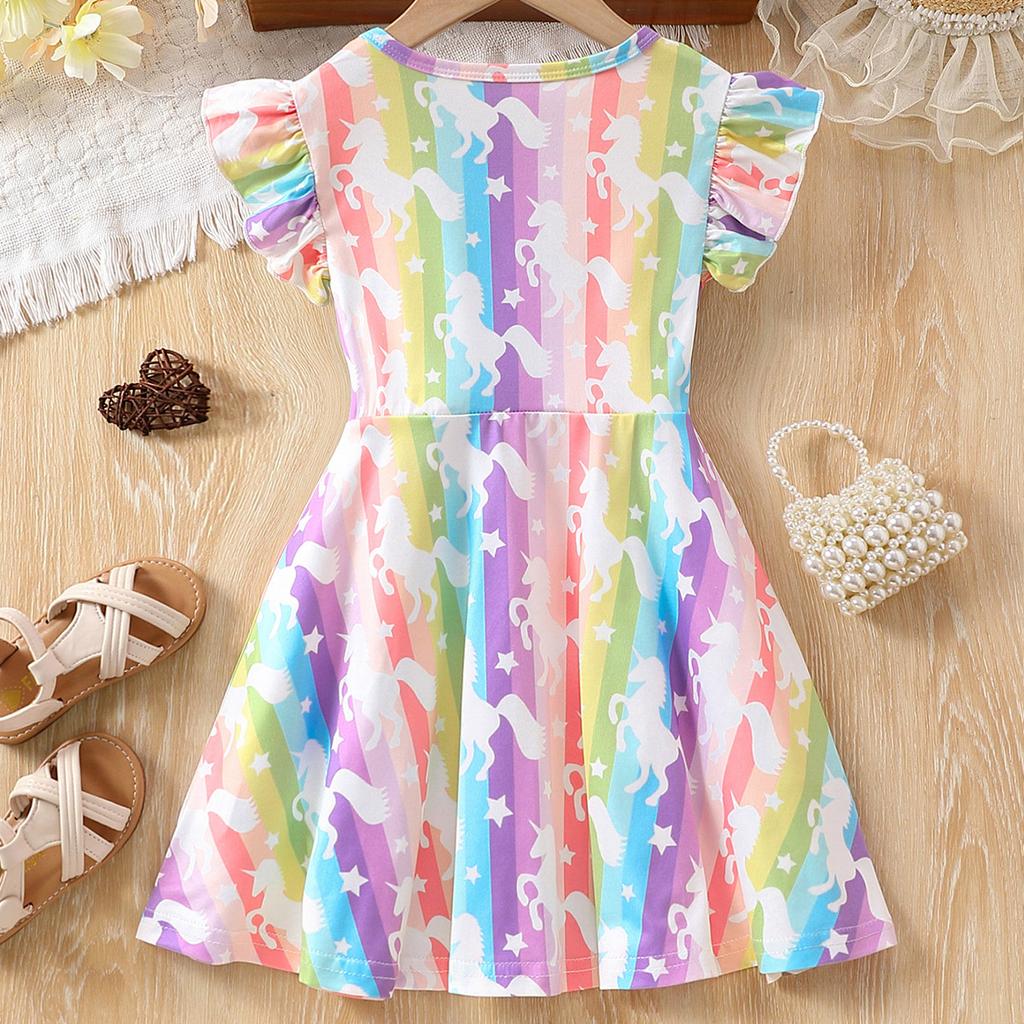 Dress For Kids 1-8 Years Old Ruffled Sleeve Cute Rainbow Unicorn Princess Formal Dresses Ootd For Girl