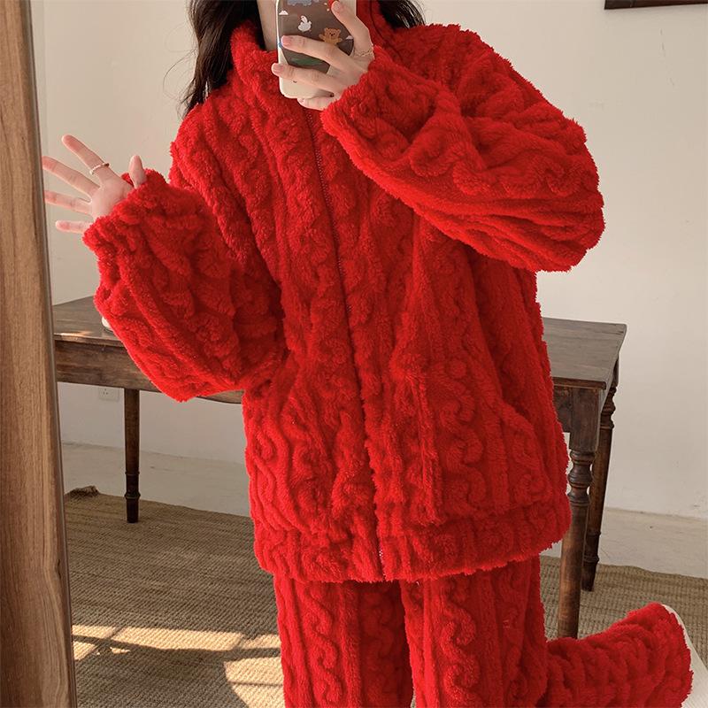 Пижамы женские осенне-зимние модели из утолщенного кораллового флиса, однотонный жаккардовый флис, женский кардиган на молнии из жаккарда, домашний комплект