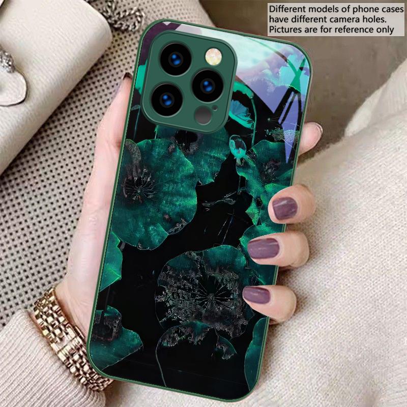Легкая роскошь Лист лотоса Для iPhone 16 E 15 14 13 Plus 12 mini 11 Pro Max XR Xs Max X 7 8 Plus 6 6S 22 Закаленное стекло Чехол для телефона