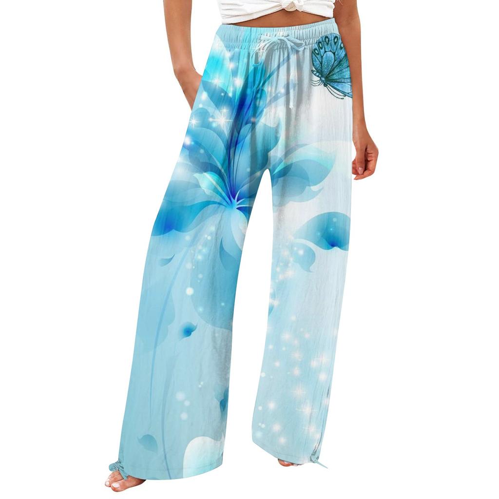 Брюки для женщин. Летние струящиеся брюки с высокой талией и широкими штанинами с принтом. Повседневные брюки.