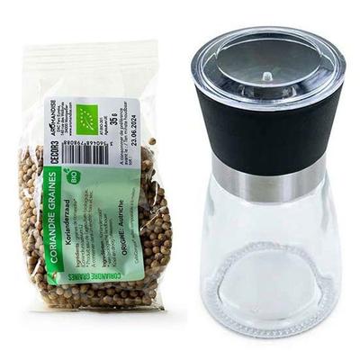 Стеклянная и керамическая мельница для специй + органические семена кориандра