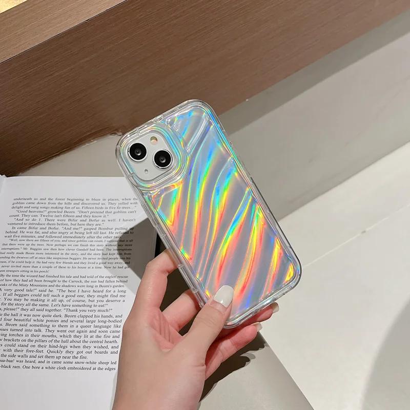 Чехол-накладка 6D Лазерная Волна Авроры Блестящий для iPhone 16E 15 14 13 12 11 Pro Max 17air 16 Мягкая Защита от Ударов