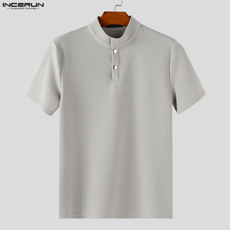 INCERUN Мужские повседневные футболки с коротким рукавом и воротником-стойкой, однотонные, вафельной текстуры