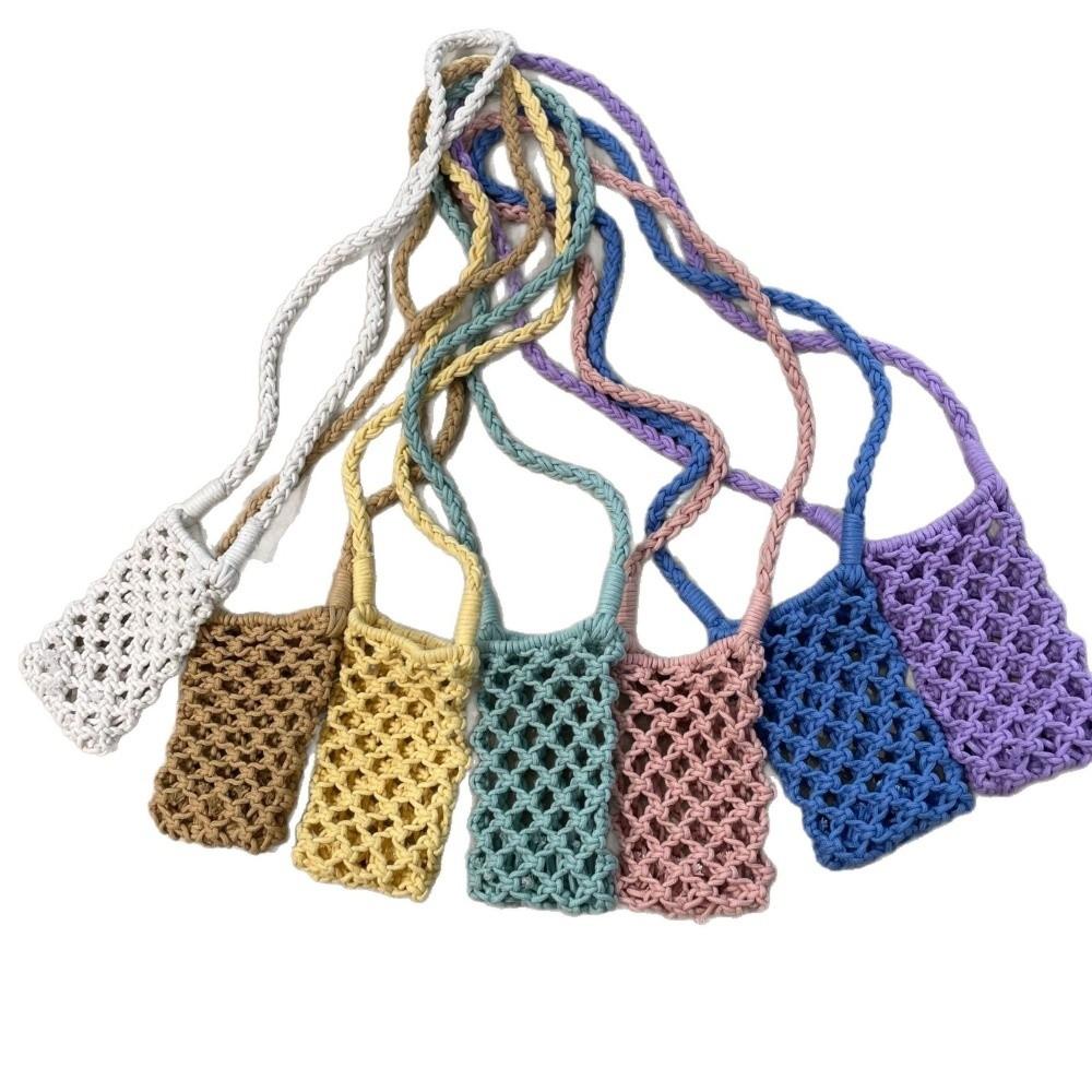 Fashion Portable Crossbody Phone Bag Hollow-out Woven Crochet Lightweight Phone Purse Solid Color Handbag Gifts