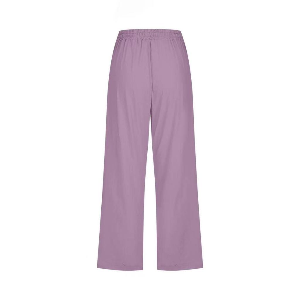 Брюки для женщин, повседневные летние однотонные эластичные брюки с высокой талией из хлопка и льна, свободные брюки с карманами и завязками до середины штанин