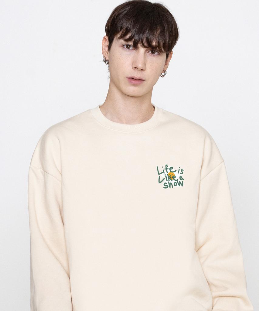 GRAVER [Unisex] Drawing Letter Flower Smile Sweatshirt_Cream/Green Logo