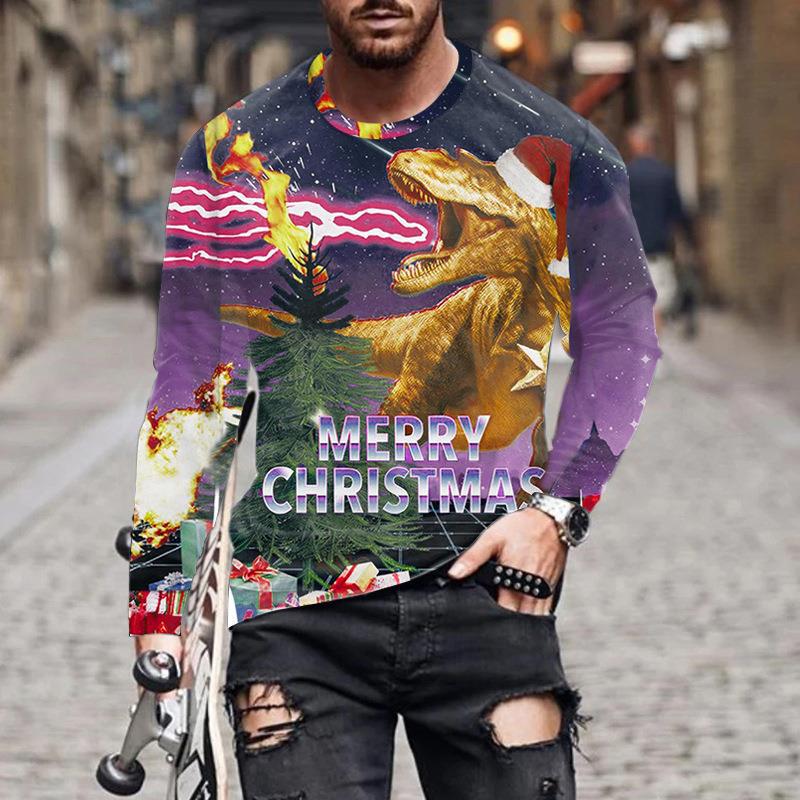 Осенняя футболка, новая мужская футболка с длинным рукавом и цифровым принтом, свободная толстовка с круглым вырезом и рождественским принтом, 3D футболка