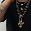 Ingemark Punk Vintage Inlaid Rhinestone Jeus Cross Pendant Choker Necklace Set Men Hip Hop Imitation Pearl Chain Grunge Jewelry