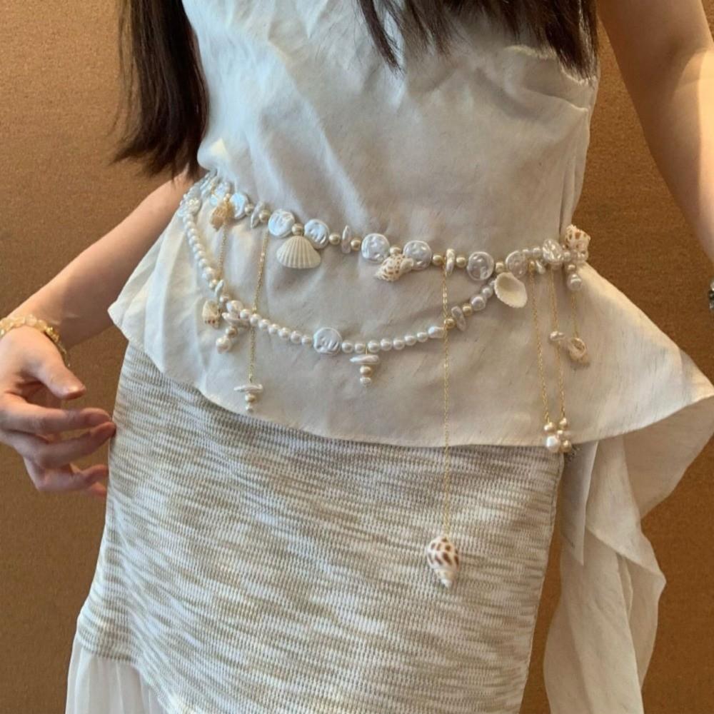 Elegant Double Layer Seashell Waist Chain Starfish Belly Chain Niche Ocean Themed Body Chain  Beach