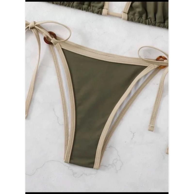 Женские зеленые комплекты бикини на завязках с микрокольцами, двухсекционные, с завязками-стрингами, купальники, пляжная одежда, бикини