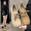 Женские французские туфли из кожи на плоской подошве, весна 2025, новые однобортные туфли на мягкой подошве со шнуровкой, повседневные туфли Mori Doudou с круглым носком
