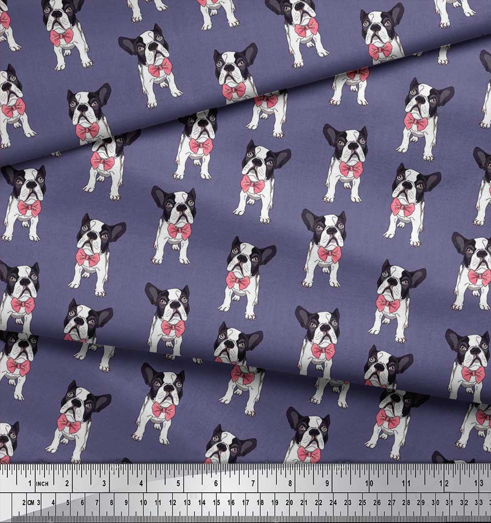 Soimoi Japan Crepe Satin Fabric Bow & Boston Terrier Dog Print Fabric by the Metre 42 Inch