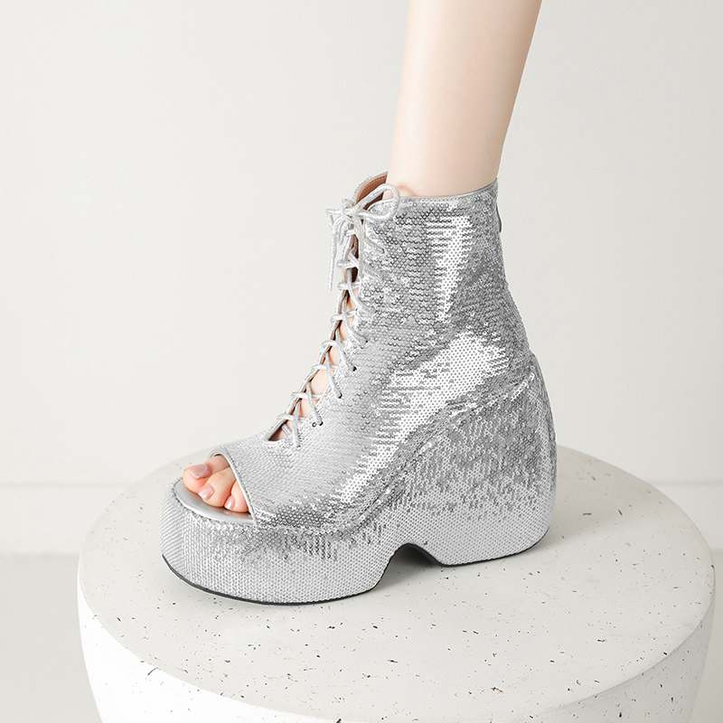 Krazing Pot Блестящая ткань весна лето размер 43 размер 42 женские платформы женские открытый носок сексуальные летние сапоги на шнуровке туфли-лодочки