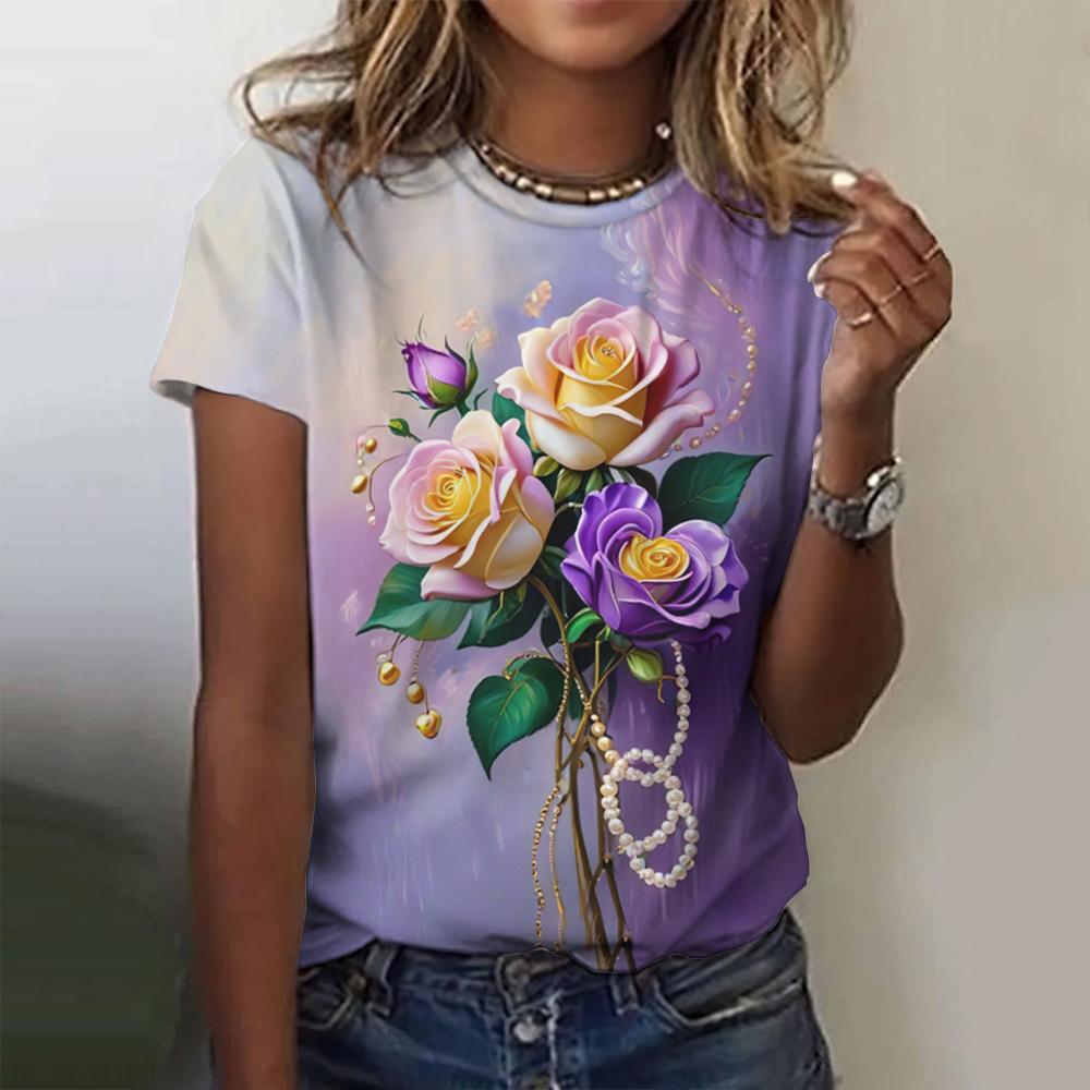 Летний топ с круглым вырезом и 3D-цветочным принтом, модные повседневные женские футболки с короткими рукавами