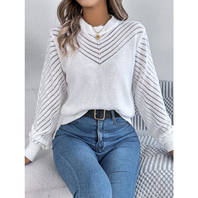 Elegant Round Neck Hollow Out Long Sleeve Pullover Sweater Women 2025 Fashion Sweet Autumn and Winter Casual Knitted Tops Solid Color Office Clothing