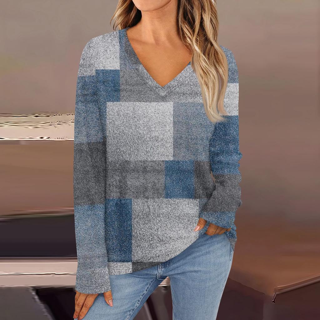 Women's Fashion Casual V Neck Long Sleeve Printed T-Shirt Ladies Top