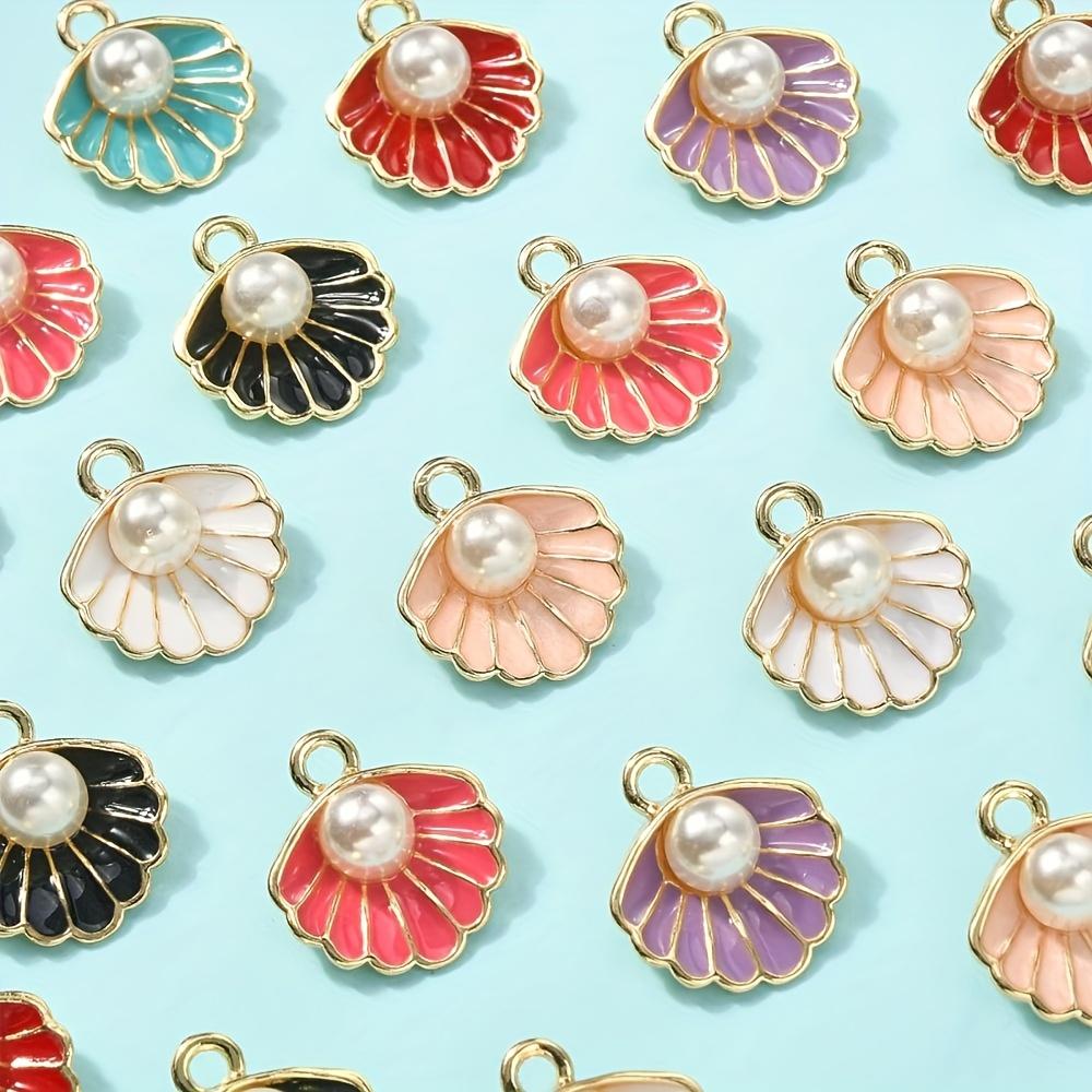 10/20/30pcs Alloy Material 8-color Clam Shell Pendant with Plastic Decorative Beads, Used for Necklace and Jewelry Making