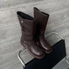 Autumn and Winter Leather Women's Boots Solid Color Sleeve Middle Heel Round Head Large Tube Circumference Versatile Large Size Leather Boots Medium 