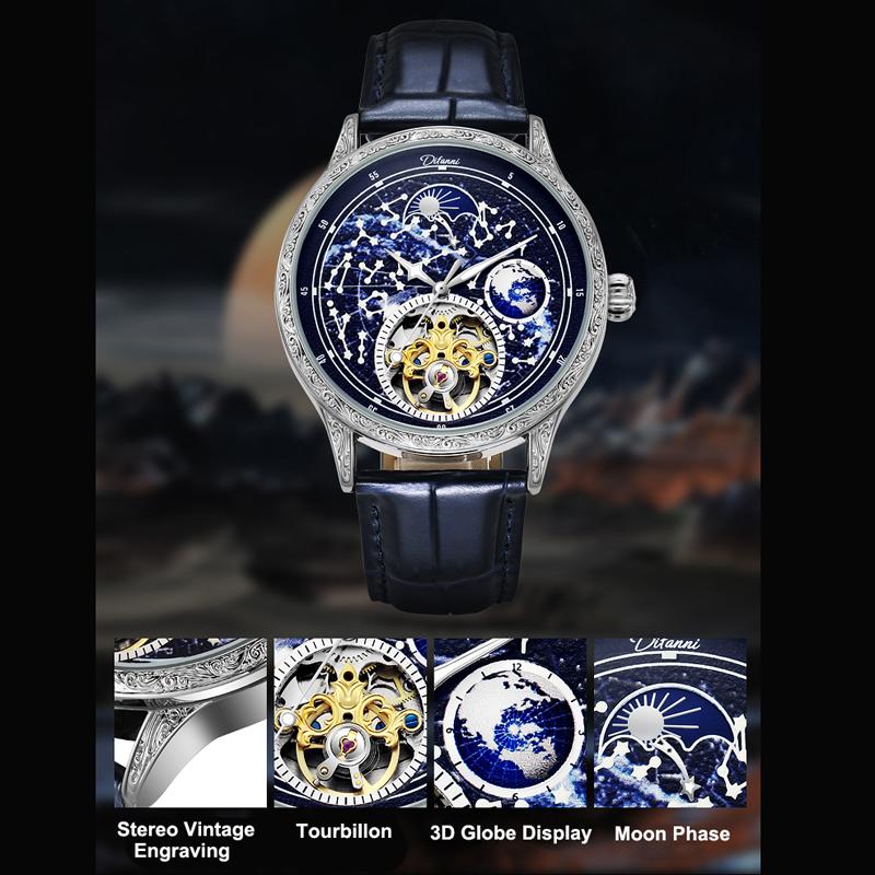 Starry Sky Luminous Tourbillon Mens Watch Top Brand Luxury Automatic Mechanical Watch Men Vintage Moon Phase