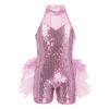 Kids Girls Ballet Latin Dance Costumes Sleeveless Sequins Mesh Splice Cutout Back Leotard Jumpsuit