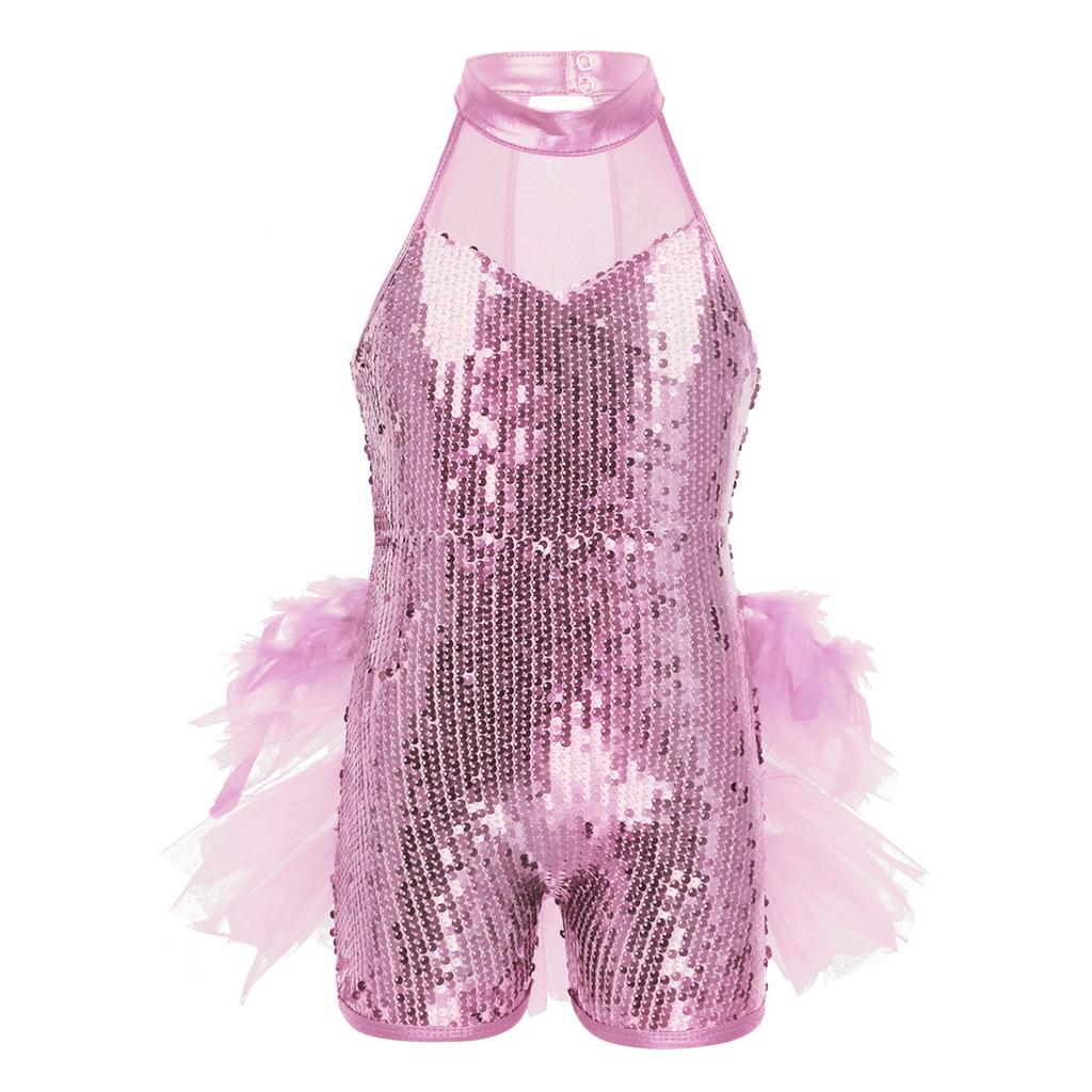 Kids Girls Ballet Latin Dance Costumes Sleeveless Sequins Mesh Splice Cutout Back Leotard Jumpsuit