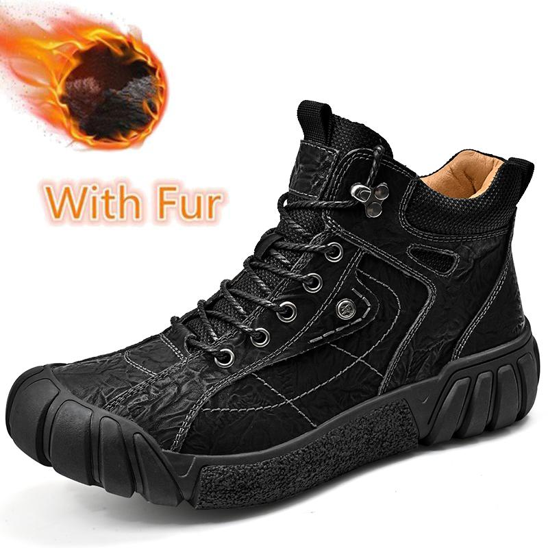 Hot Sale Men's Ankle Boots Genuine Leather Male Basic Boots Versatile Leisure Walk Outdoor Shoes High Top Warm Plush Fur Winter