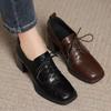Women's Deep-Mouth Soft Leather Chunky Heel Shoes - 2025 Spring/Autumn, Round Toe, Lace-Up, Mid-High Heel, British Style