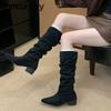 Дизайн Плиссированные Женские Сапоги до Колена Мода Острый Носок Длинные Ботильоны Осень Зима Квадратный Каблук Стройнящая Обувь