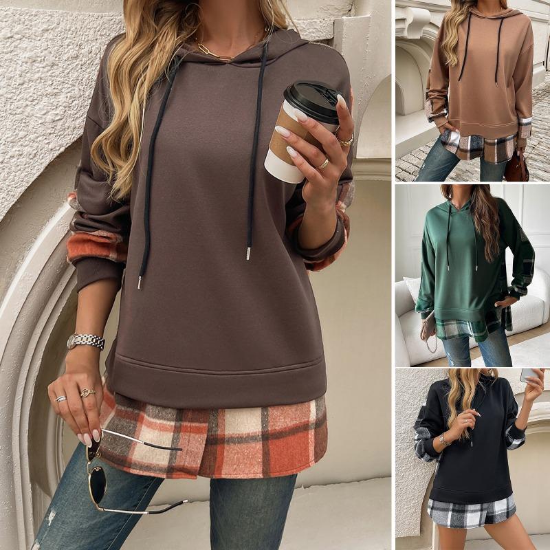 Sping Autumn Women Plaid Long Sleeved Patchwork Casual Loose Hoodies Sweatshirts