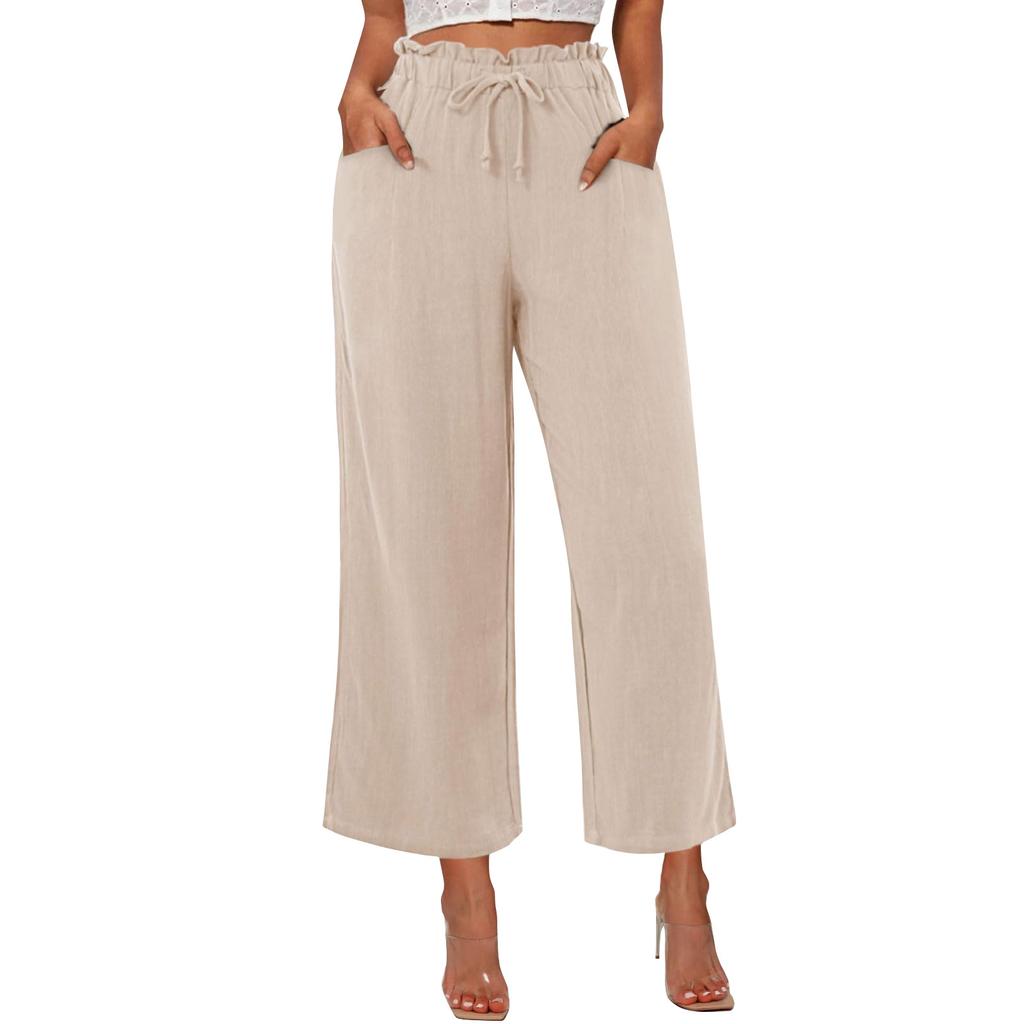 Женские льняные брюки с широкими штанинами, эластичные брюки-палаццо с высокой талией, повседневная свободная одежда для пляжного отдыха с карманами